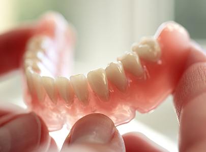 Hand holding a full denture